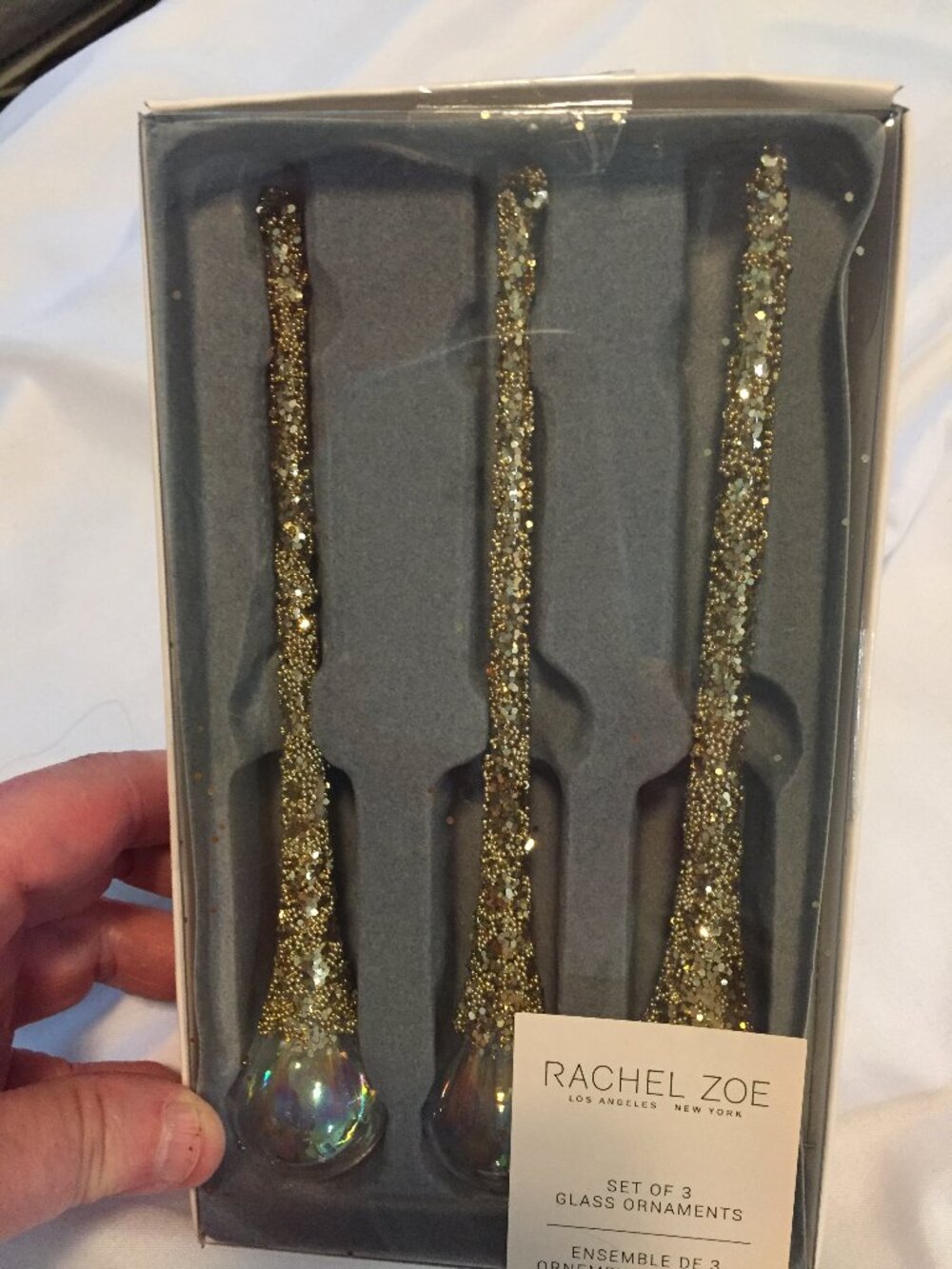 Rachel Zoe Icicles Iridescent Gold Flake Set of 3 Glass Christmas Ornaments New